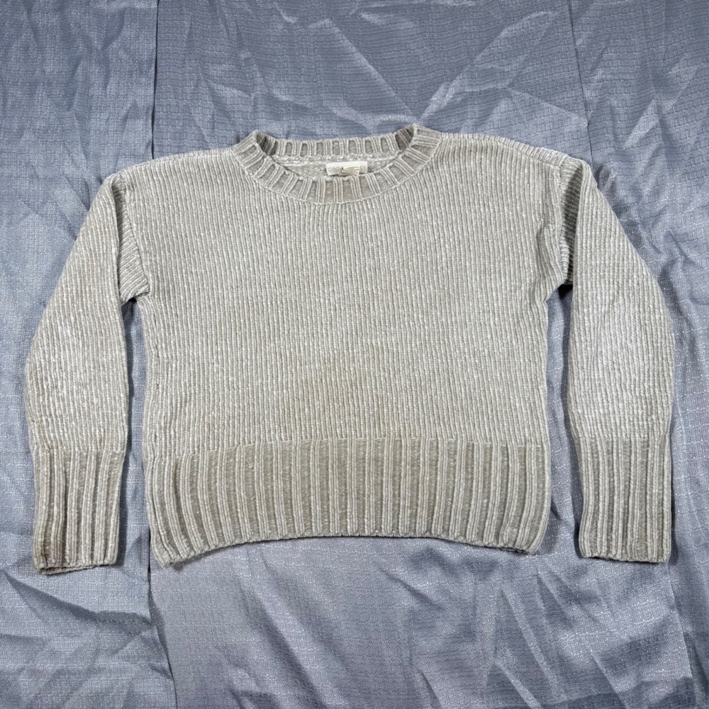 Cynthia Rowley Sweater Womens Medium Tan Chenille Ribbed Knit Pullover Crew Neck